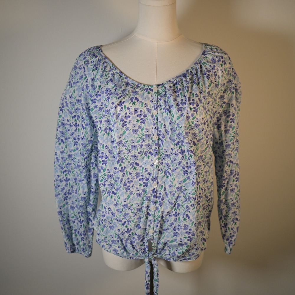Land 'n Sea Womens L Floral Button Down Tie Front Blouse Blue Cottagecore